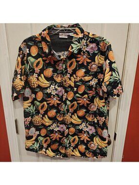 Ron Jon Surf Shop Shirt Mens XL Black Fruit Hawaiian Button Up Short Sleeve